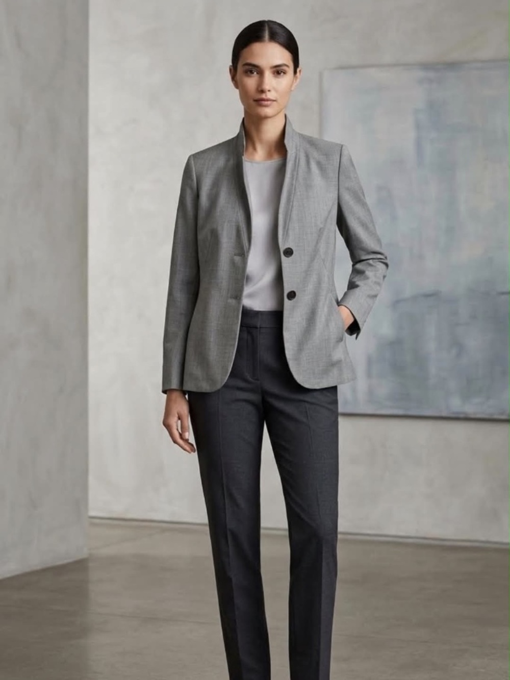 Lafayette 148 NY Grey Virgin Wool Stand Collar Structural Blazer Jacket 10